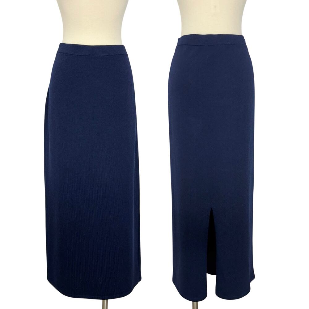 St. John Basics Maxi Skirt Santana Wool Blend with Back Slit Dark Navy Size: 14
